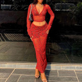 Fashionable printed sexy deep V long sleeved navel exposed top with buttocks wrapped skirt two-piece set