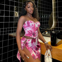 Fashionable printed sexy sleeveless chest wrap with exposed navel small vest, split buttocks wrap skirt set