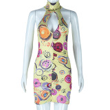 High neck tight fitting dress sexy hollow out sleeveless buttocks wrapped skirt digital printed skirt