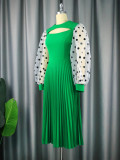 Round neck hollowed out rest pleated skirt commuting storm point lantern sleeve dress