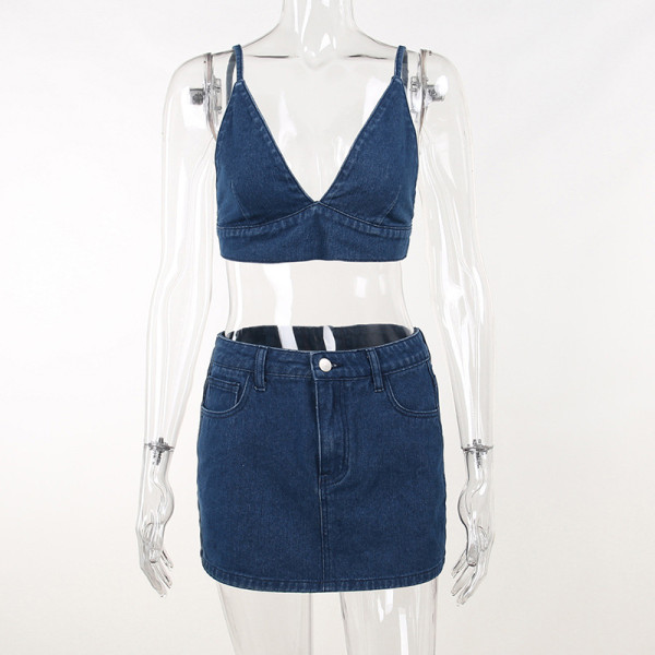 Sexy Strap Open Back Spicy Girl Top High Waist Wrapped Hip Denim Short Skirt Set