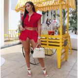 Women's button down lapel sleeveless top and shorts two-piece set of solid color elastic casual wear