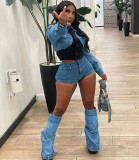 Casual denim set with contrasting color, slim fitting and fashionable elastic set