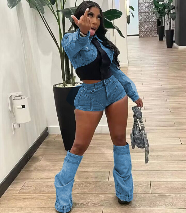 Casual denim set with contrasting color, slim fitting and fashionable elastic set