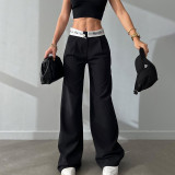 High waisted straight tube printed contrasting color pants