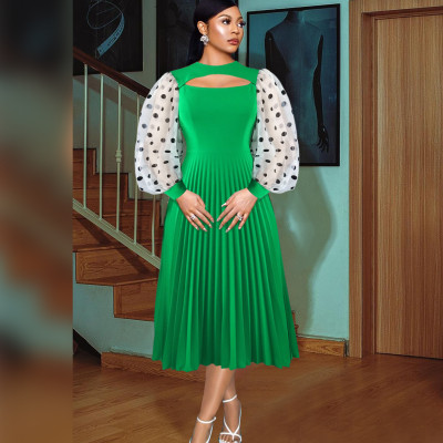 Round neck hollowed out rest pleated skirt commuting storm point lantern sleeve dress