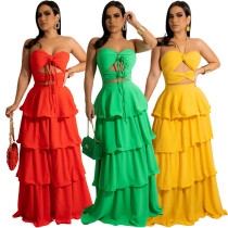 Solid Chiffon Wrapped Chest Lace Up Neck Hollow out Cake Dress Dress Long Dress