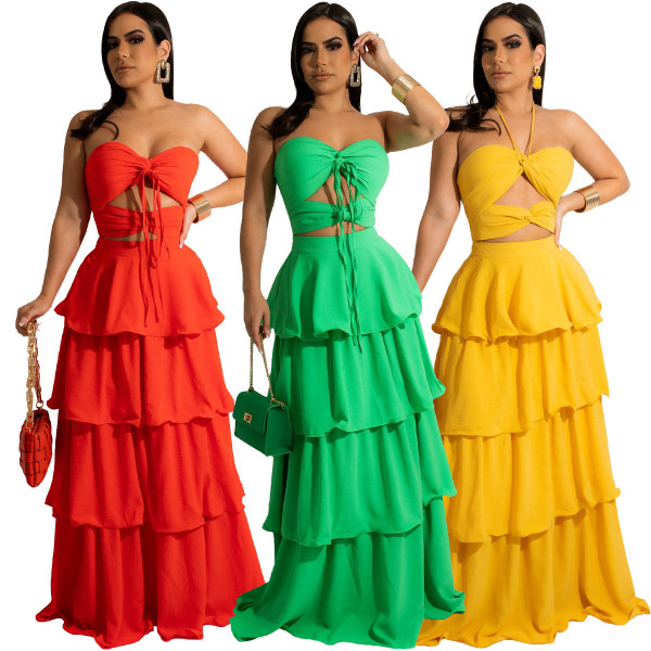 Solid Chiffon Wrapped Chest Lace Up Neck Hollow out Cake Dress Dress Long Dress