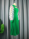 Round neck hollowed out rest pleated skirt commuting storm point lantern sleeve dress