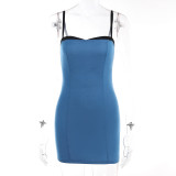 Strap Sexy Chest Contrast Denim Dress Slim Fit Spicy Girl Hip Wrap Short Skirt