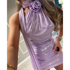 Rose Hanging Neck Dress Slim Fit Solid Short Skirt