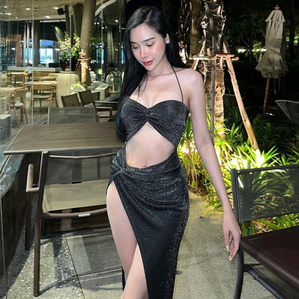 Strap Cross Cut Open Gold and Silver Silk Dress