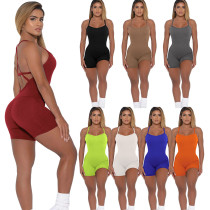 Solid ribbed suspender back and hip lifting yoga casual jumpsuit