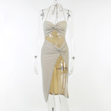 Strap Cross Cut Open Gold and Silver Silk Dress