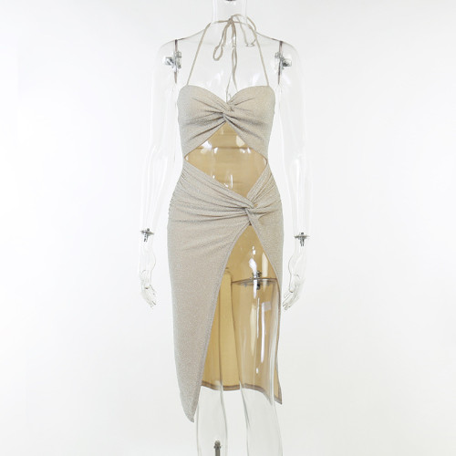 Strap Cross Cut Open Gold and Silver Silk Dress