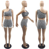 Texture Stripe Casual Versatile Tank Top Shorts Two Piece Set