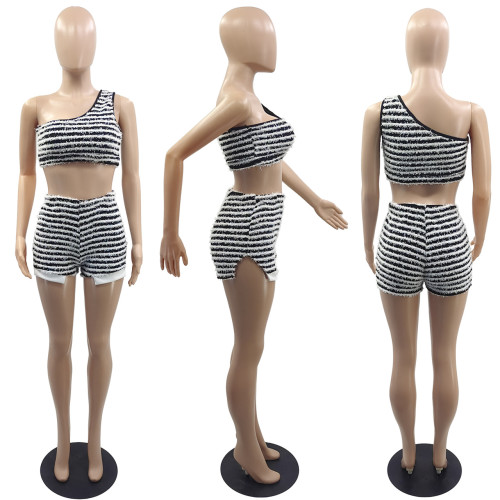 Texture Stripe Casual Versatile Tank Top Shorts Two Piece Set