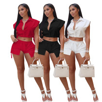 Women's button down lapel sleeveless top and shorts two-piece set of solid color elastic casual wear Women's button down lapel sleeveless top and shorts two-piece set of solid color elastic casual wear