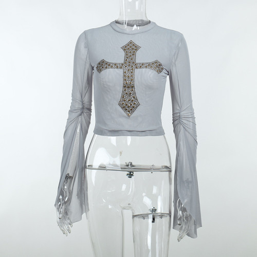 Round Neck Mesh Flare Sleeve Hot Diamond Cross Print Top