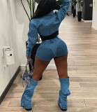 Casual denim set with contrasting color, slim fitting and fashionable elastic set