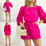 Fashionable Round Neck Bubble Sleeve Waist Wrap Dress