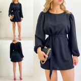 Fashionable Round Neck Bubble Sleeve Waist Wrap Dress