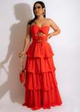 Solid Chiffon Wrapped Chest Lace Up Neck Hollow out Cake Dress Dress Long Dress