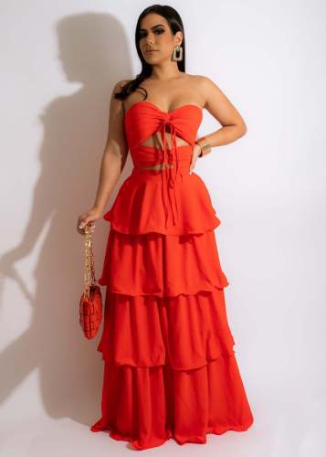Solid Chiffon Wrapped Chest Lace Up Neck Hollow out Cake Dress Dress Long Dress