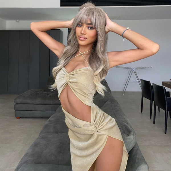 Strap Cross Cut Open Gold and Silver Silk Dress
