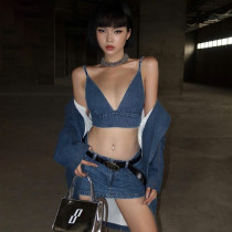 Sexy Strap Open Back Spicy Girl Top High Waist Wrapped Hip Denim Short Skirt Set