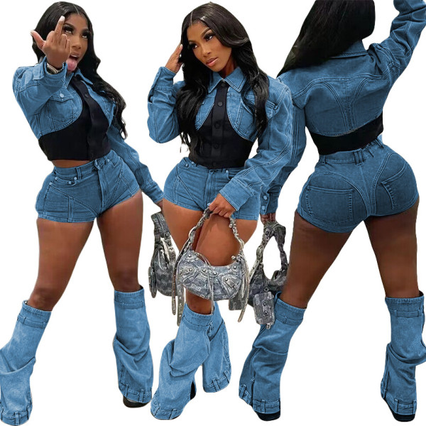 Casual denim set with contrasting color, slim fitting and fashionable elastic set