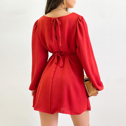 Fashionable Round Neck Bubble Sleeve Waist Wrap Dress