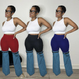 Spliced combination denim pants with elastic denim micro flared pants