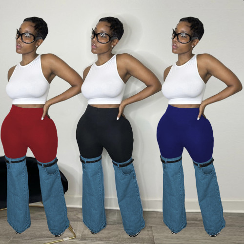 Spliced combination denim pants with elastic denim micro flared pants