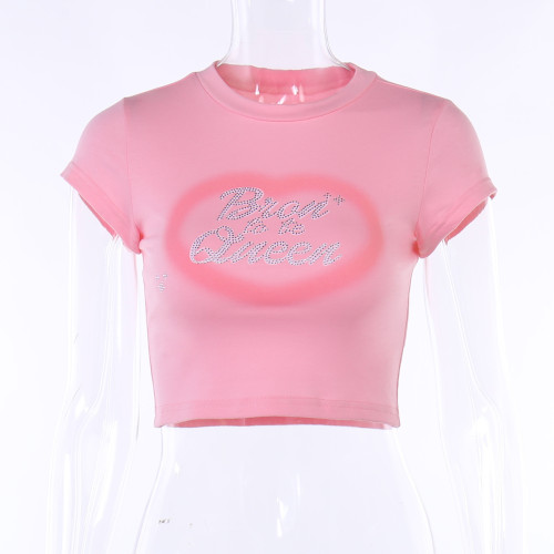 Love printed hot diamond letter short sleeves