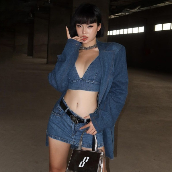 Sexy Strap Open Back Spicy Girl Top High Waist Wrapped Hip Denim Short Skirt Set