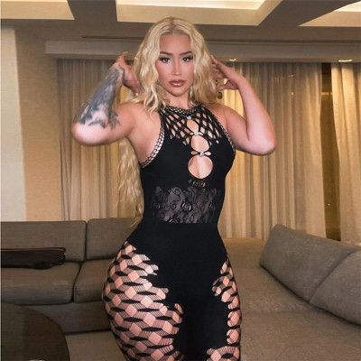 Women's solid color sexy sleeveless mesh hollow out long jumpsuit