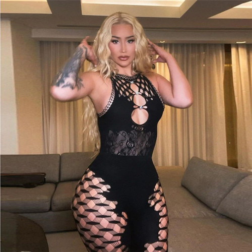 Women's solid color sexy sleeveless mesh hollow out long jumpsuit