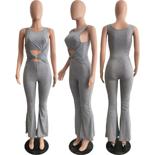 Fashionable solid color knotted high elastic wide leg jumpsuit