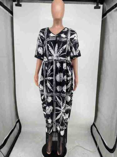 V-neck tassel loose fitting short sleeved printed long skirt