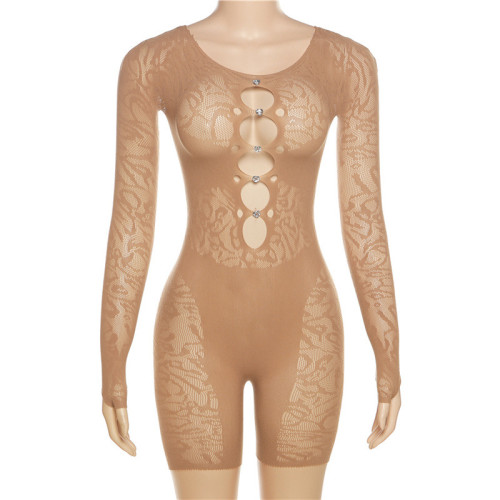 Sexy Perspective High Waist Long Sleeve Tight Wrap Hip Yoga Jumpsuit