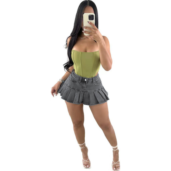 Sexy pocket zipper fashion denim pleated skirt