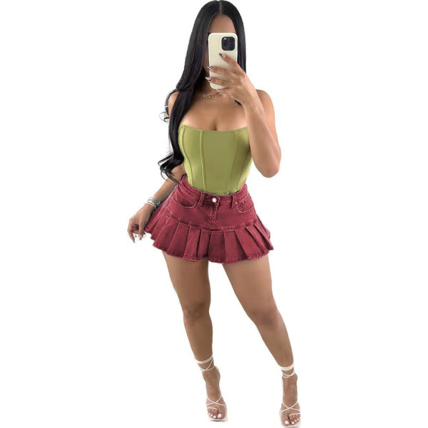 Sexy pocket zipper fashion denim pleated skirt
