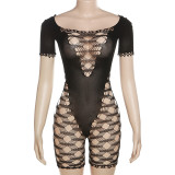 Women's sexy hollow out buttocks tight fishing net high waist casual jumpsuit shorts