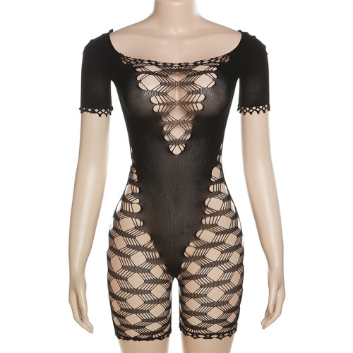 Women's sexy hollow out buttocks tight fishing net high waist casual jumpsuit shorts