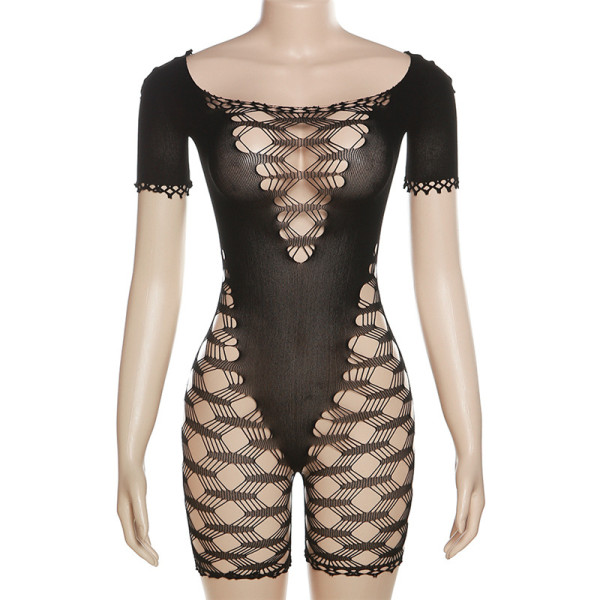Women's sexy hollow out buttocks tight fishing net high waist casual jumpsuit shorts