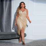Solid color sequin skirt with pleated waist and high split style commuting strap skirt for women in large size