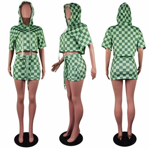 Women's fashion trend, classic plaid print, hooded short skirt set, two-piece set