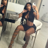 Women's Sexy Tight Hollow Top High Waist Wrapped Hip Lace up Short Skirt Set