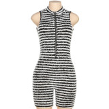 Women's knitted contrasting high waisted and buttocks tight jumpsuit shorts